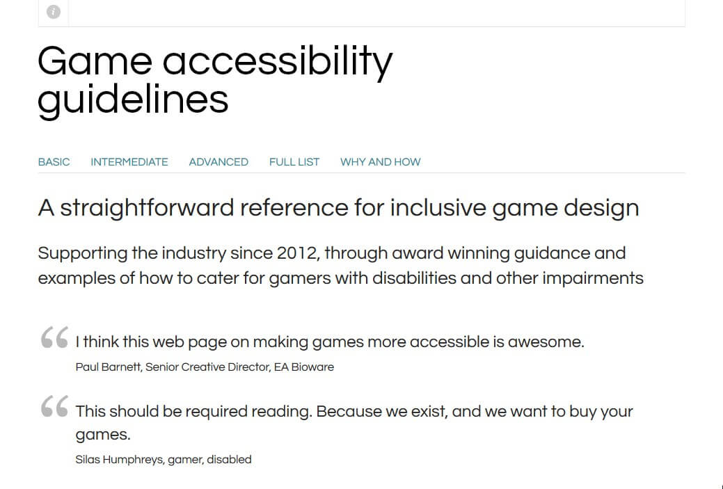 Screenshot of Games Accessibility Guidelines website