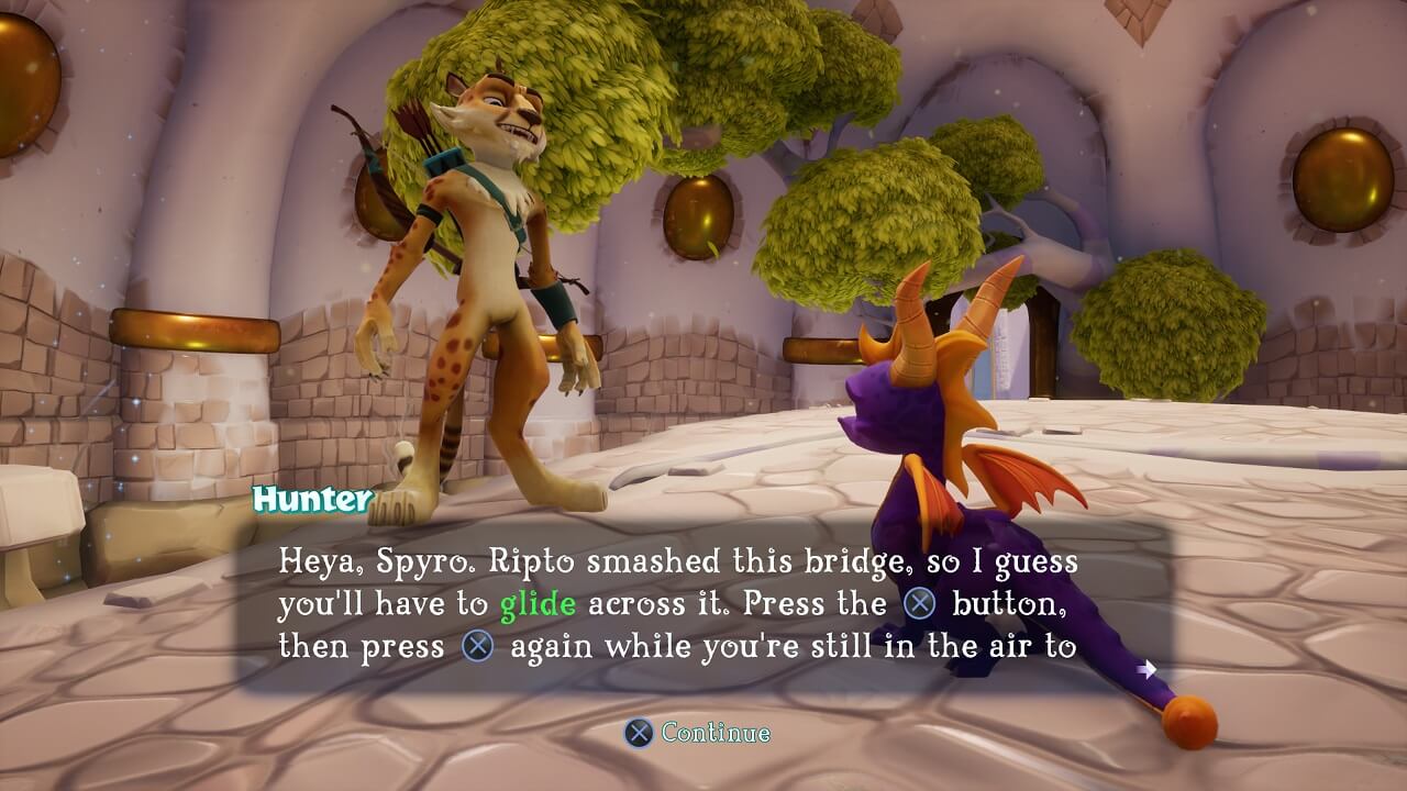 Game play scene of Spyro Reignited Trilogy with subtitles at the bottom