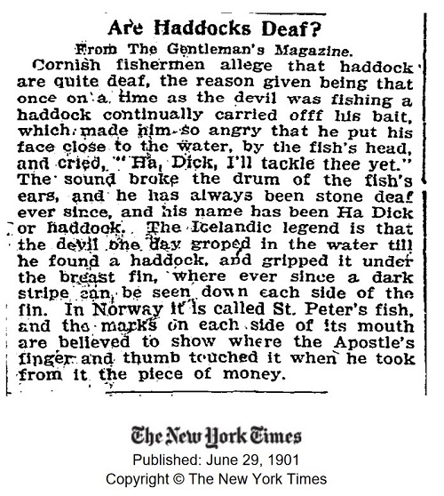 1901 New York Times article entitled 'Are Haddocks Deaf?'