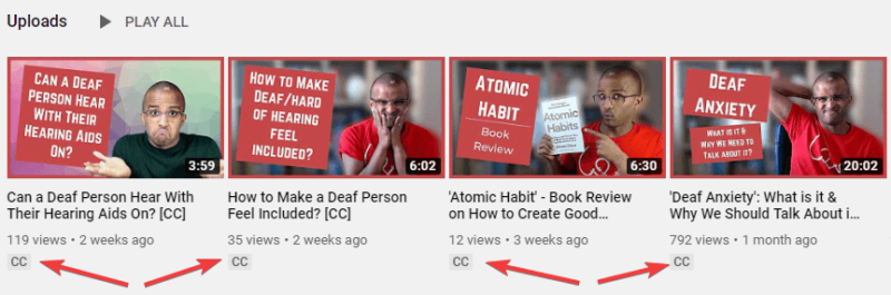 Screenshot of Ahmed's YouTube videos where the arrow is pointing to the 'CC' label under 4 videos