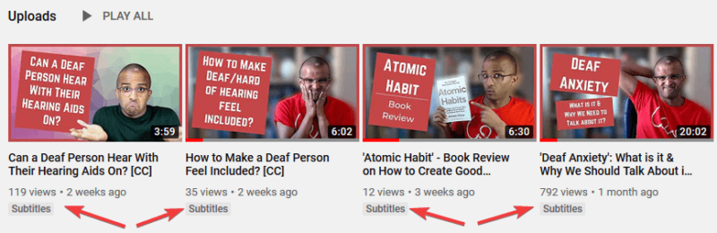 Screenshot of Ahmed's YouTube videos where the arrow is pointing to the 'Subtitles' label under 4 videos