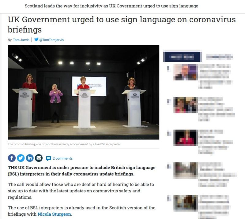 The National newspaper with headline 'UK government urged to use sign language on coronavirus briefings'