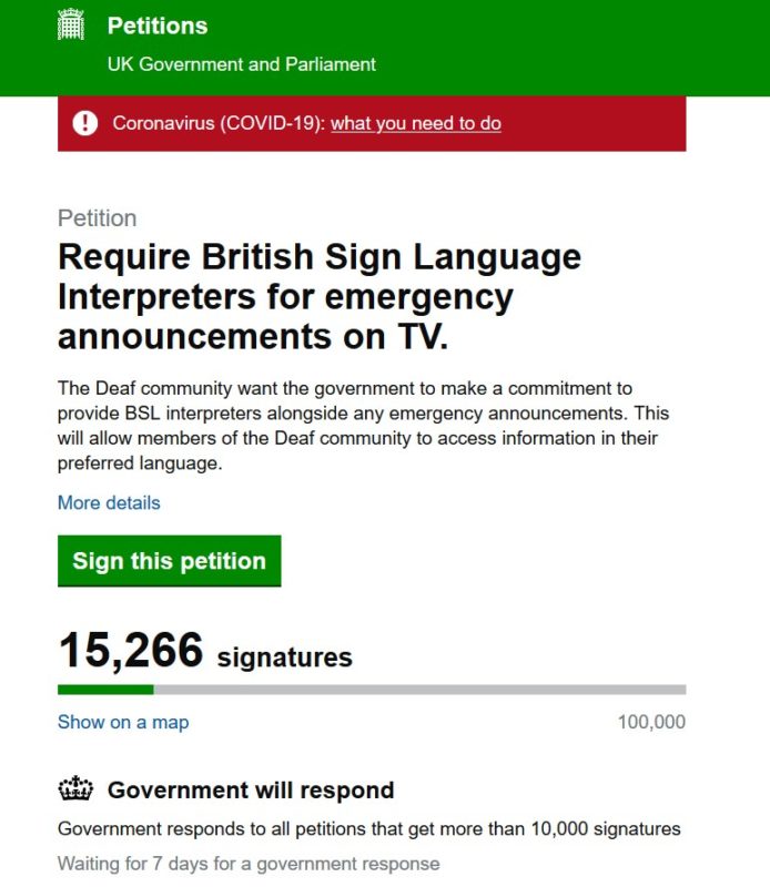 Screenshot of government petition to "require British Sign Language interpreters for emergency announcements on TV" with 15,266 signatures but government has not responded after attracted more than the required 10,000 signatures to receive a response