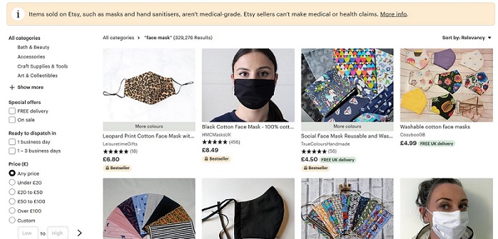 Search result of 'face mask' on Etsy displaying variety of face masks with different colours and patterns