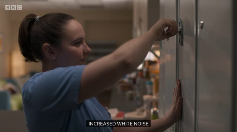 Clip of Casualty where Jade is locking up her work locker, and the caption at the bottom is "increased white noise"