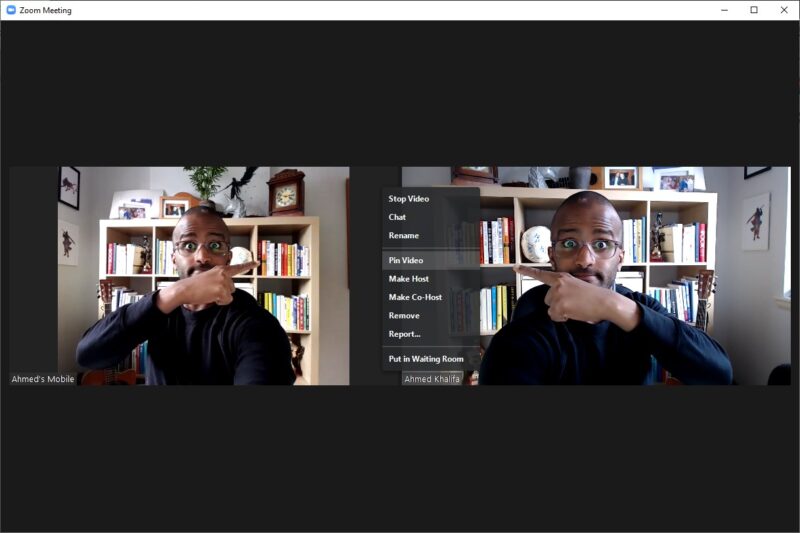 Screenshot of two screen's of Ahmed on Zoom pointing to the instruction on how to pin video