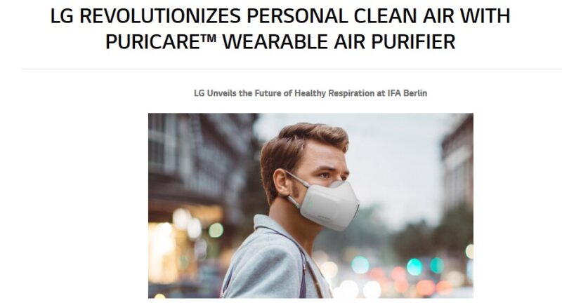 Screenshot of press release by LG with the title 'LG Revolutionizes Personal Clear Air with Puricare™ Wearable Air Purifier' and a picture of a white male in a wearing hi-tech face mask