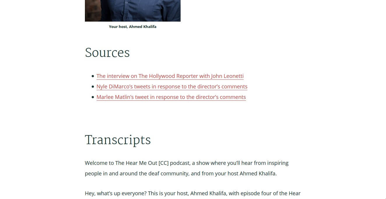 Example of a podcast shownote which include related links and transcripts